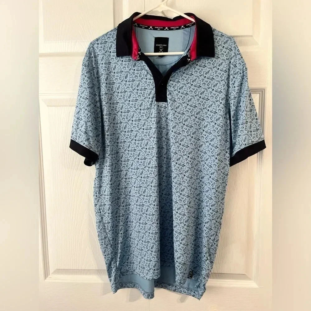 Kenneth Cole Men's M Golf Pattern Lightweight Blue Polo Shirt Wicking UPF 50+